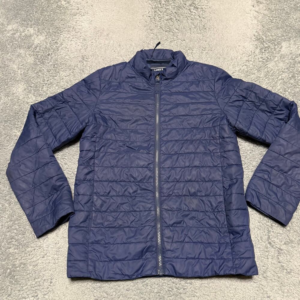 Lands End Puffer Jacket Kids Youth Medium 10-12 Blue Nylon Coat *flaw